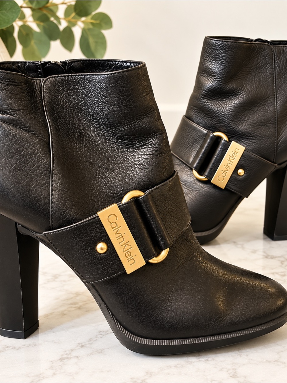 Calvin Klein Black Leather Gold Hardware Ankle Boots 7.5
